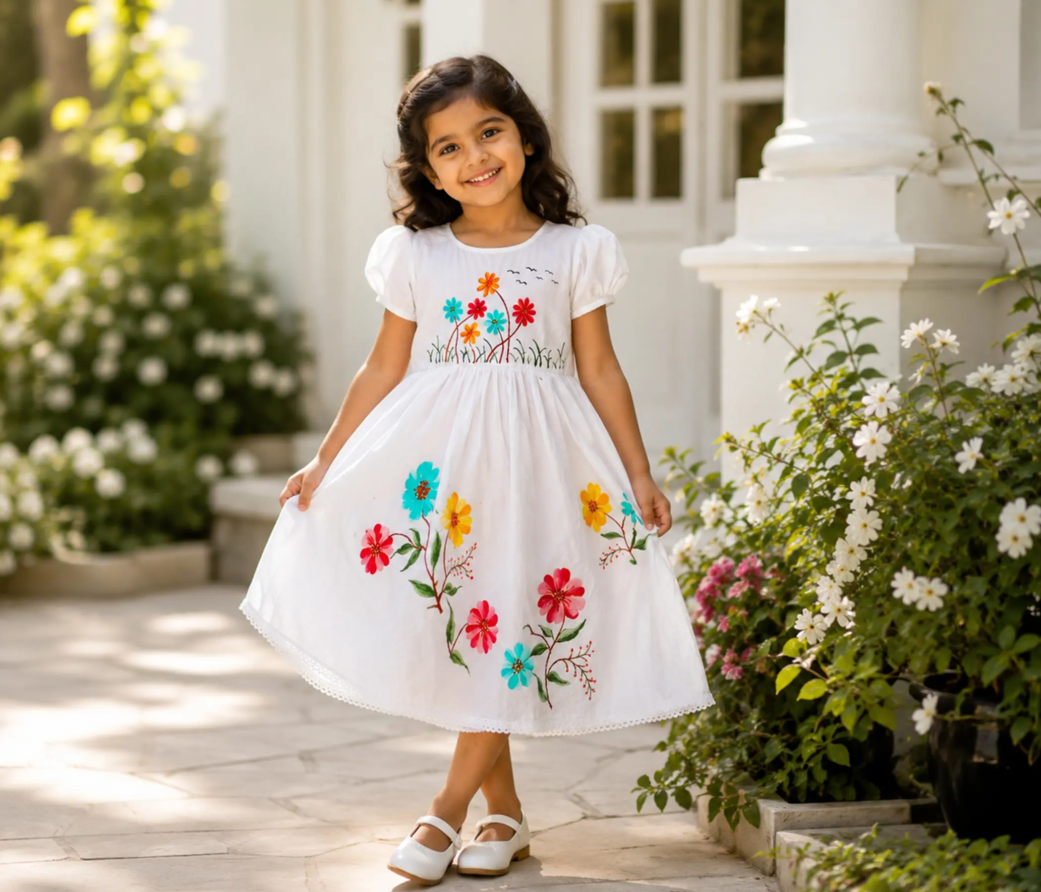Pure White Hand-Painted Frock for Premium Kids Clothing